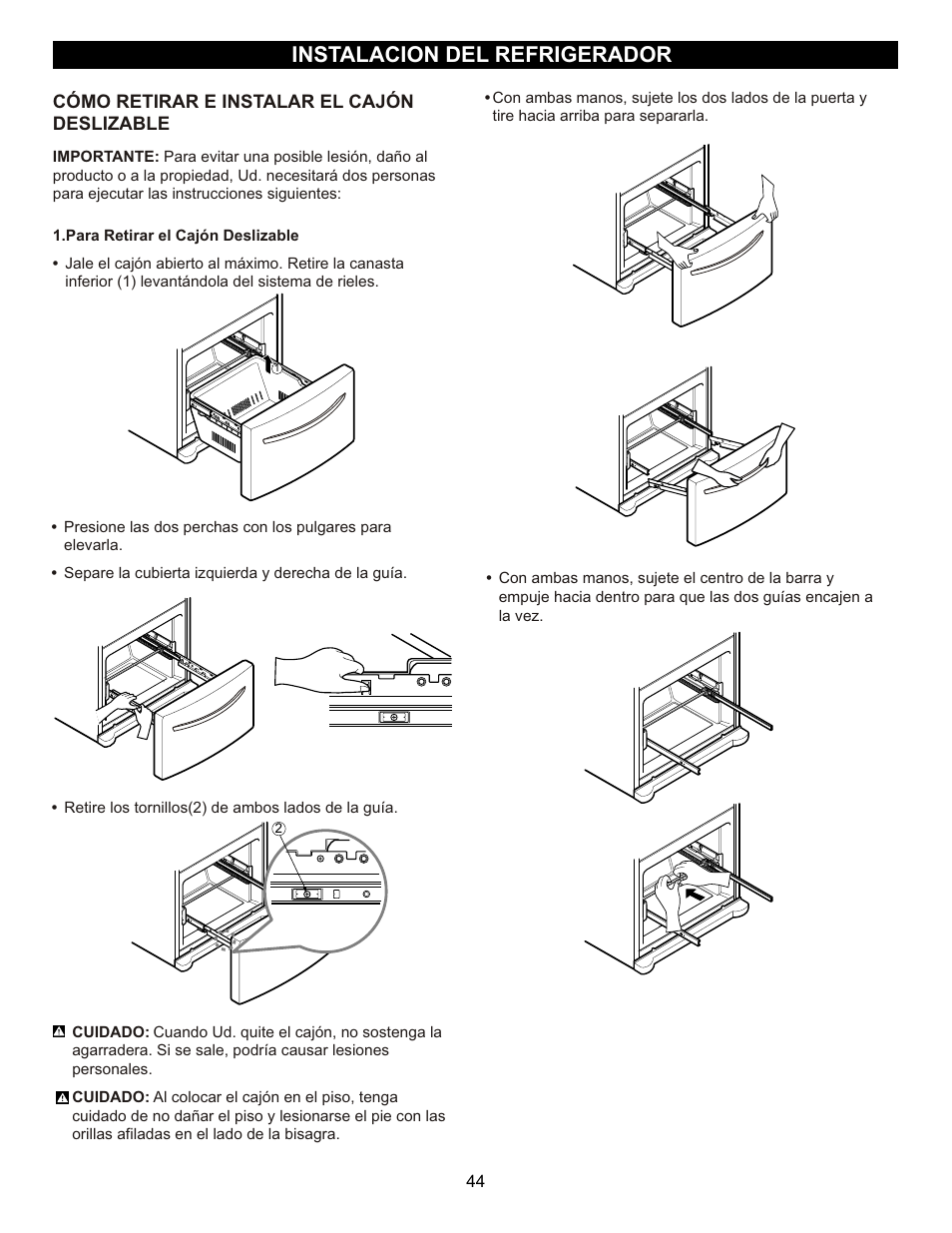 Instalacion del refrigerador | LG LFX23961SB User Manual | Page 44 / 68