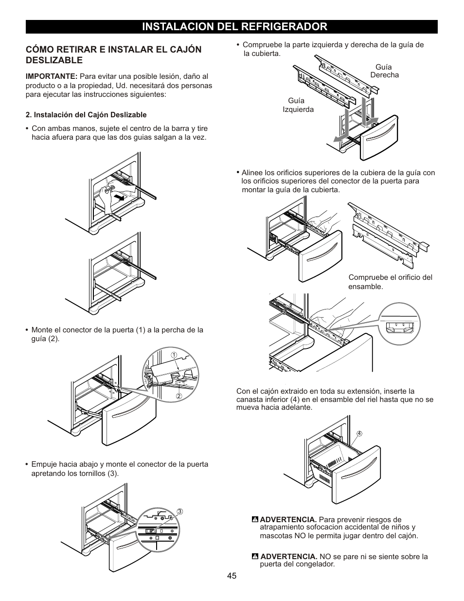 Instalacion del refrigerador | LG LFX23961SB User Manual | Page 45 / 68