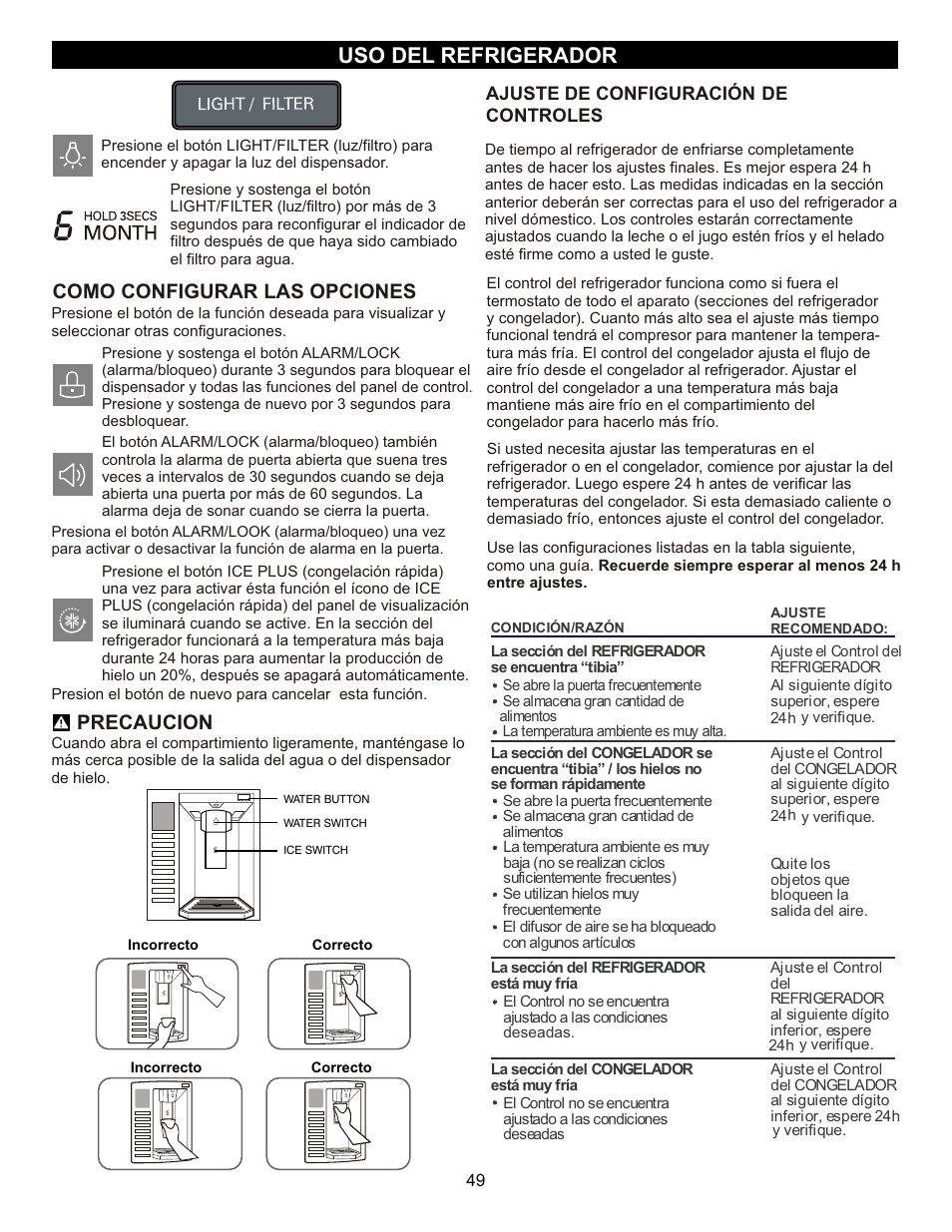 Uso del refrigerador, Como configurar las opciones, Precaucion | LG LFX23961SB User Manual | Page 49 / 68