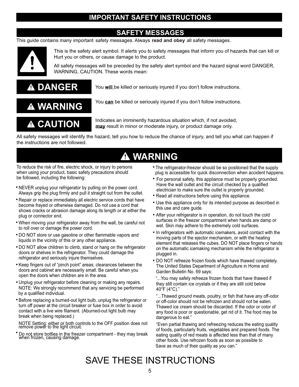 Warning, Save these instructions, Danger warning caution | Safety messages, Important safety instructions | LG LFX23961SB User Manual | Page 5 / 68