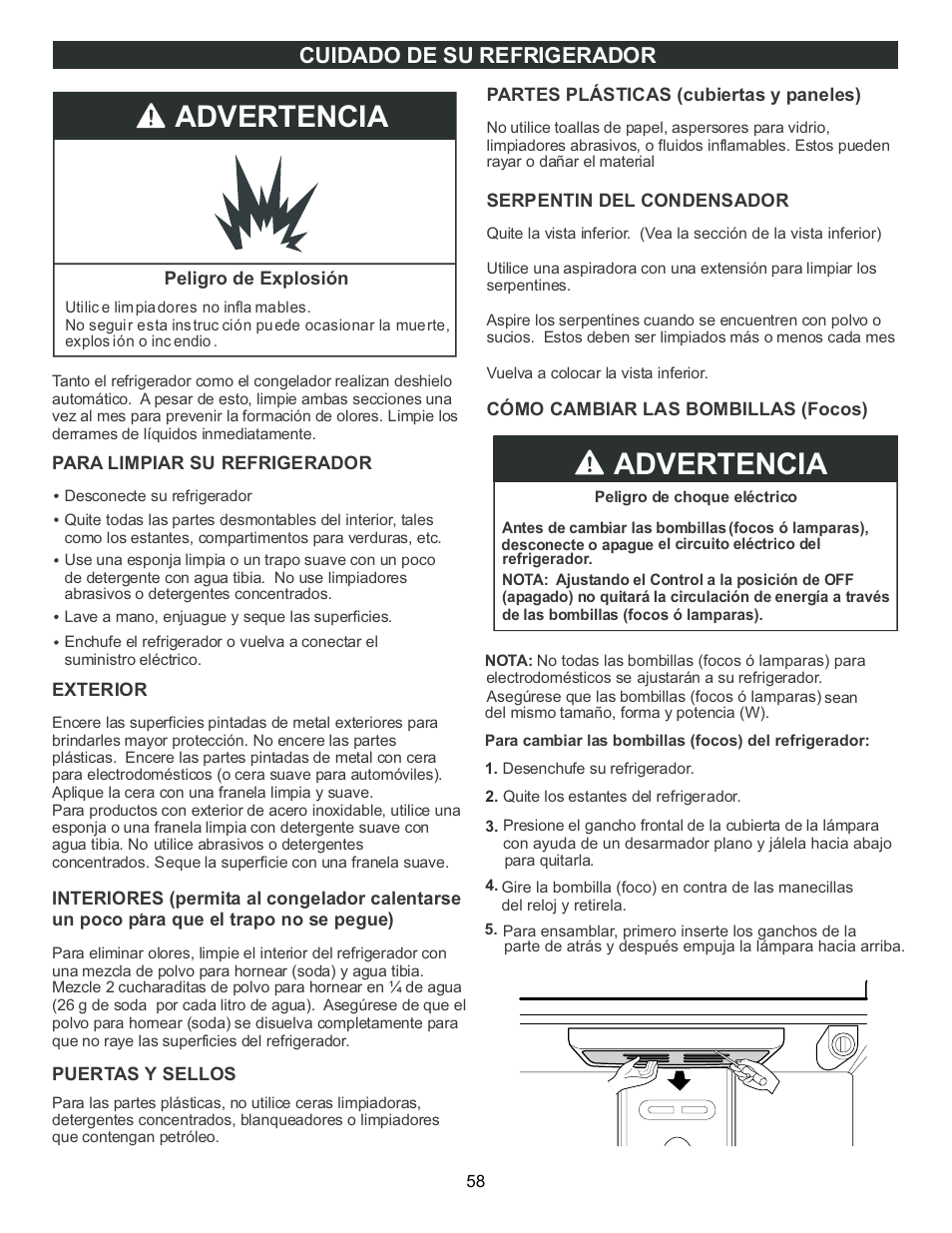 Advertencia, Cuidado de su refrigerador | LG LFX23961SB User Manual | Page 58 / 68