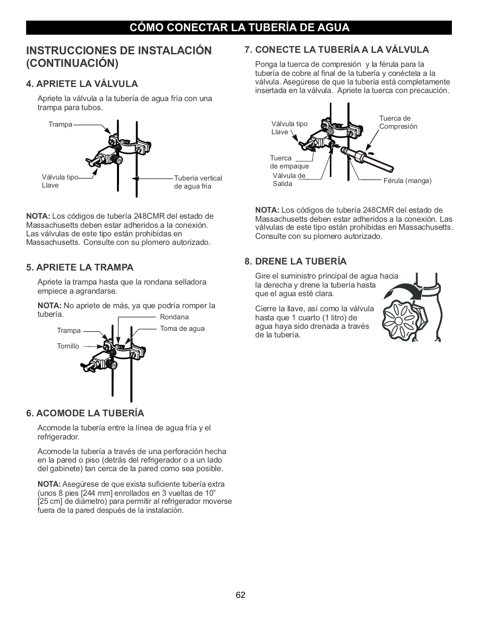 Instrucciones de instalación (continuación), Cómo conectar la tubería de agua | LG LFX23961SB User Manual | Page 62 / 68