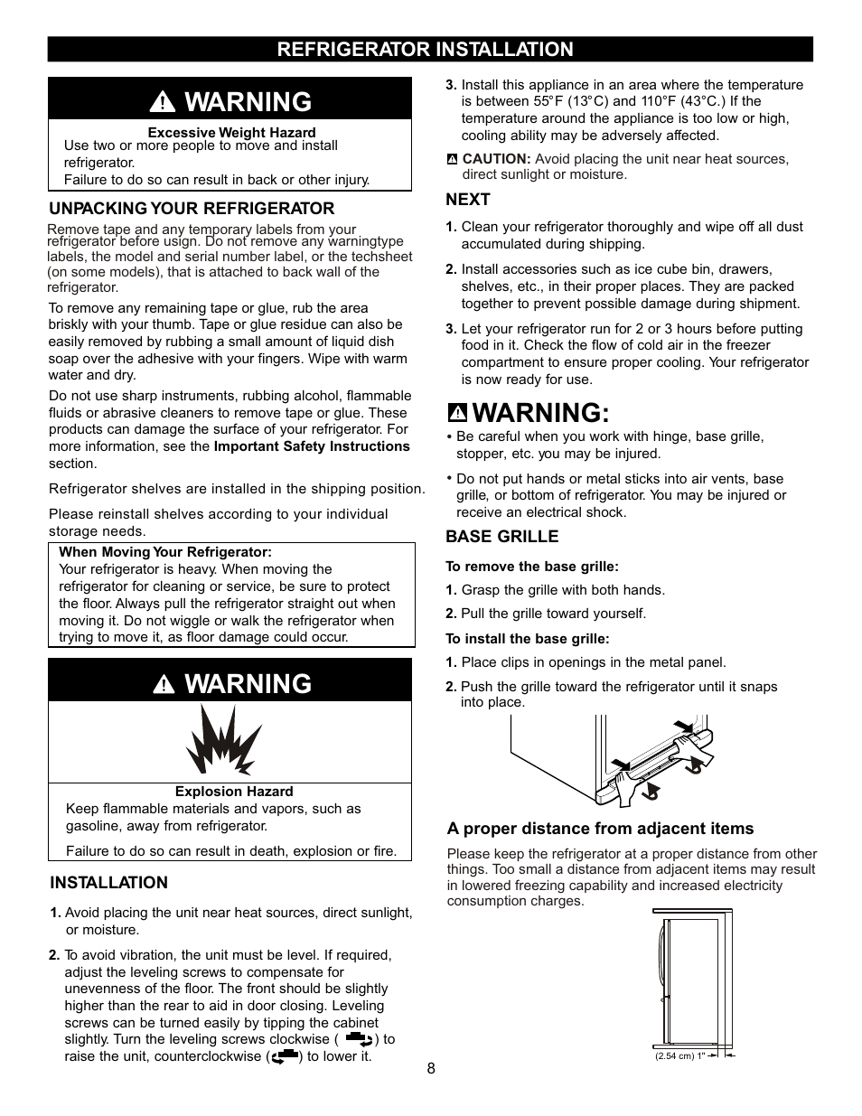 Warning, Refrigerator installation | LG LFX23961SB User Manual | Page 8 / 68