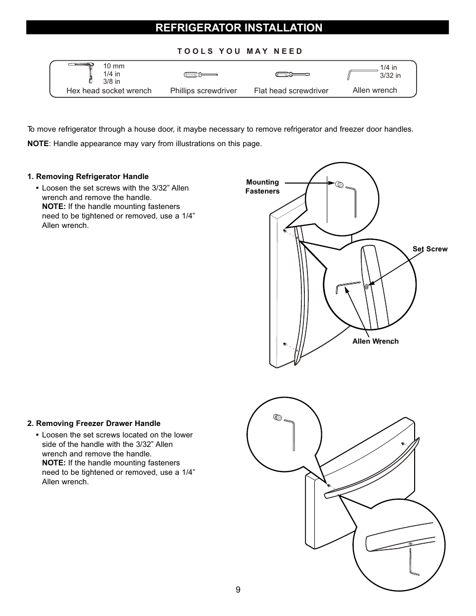 Refrigerator installation | LG LFX23961SB User Manual | Page 9 / 68