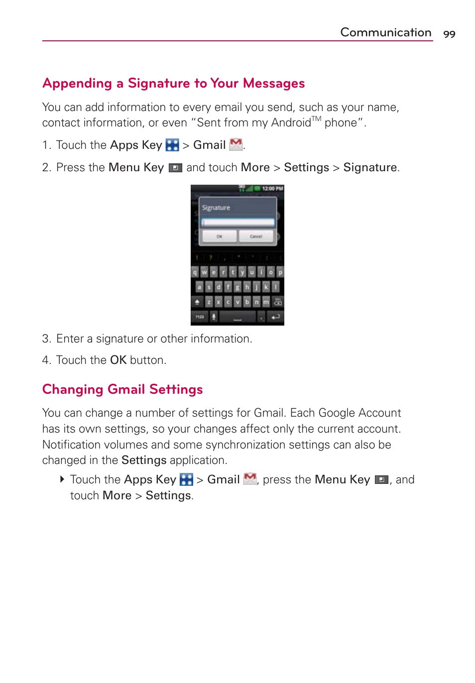 Appending a signature to your messages, Changing gmail settings | LG MFL67235901 User Manual | Page 101 / 448