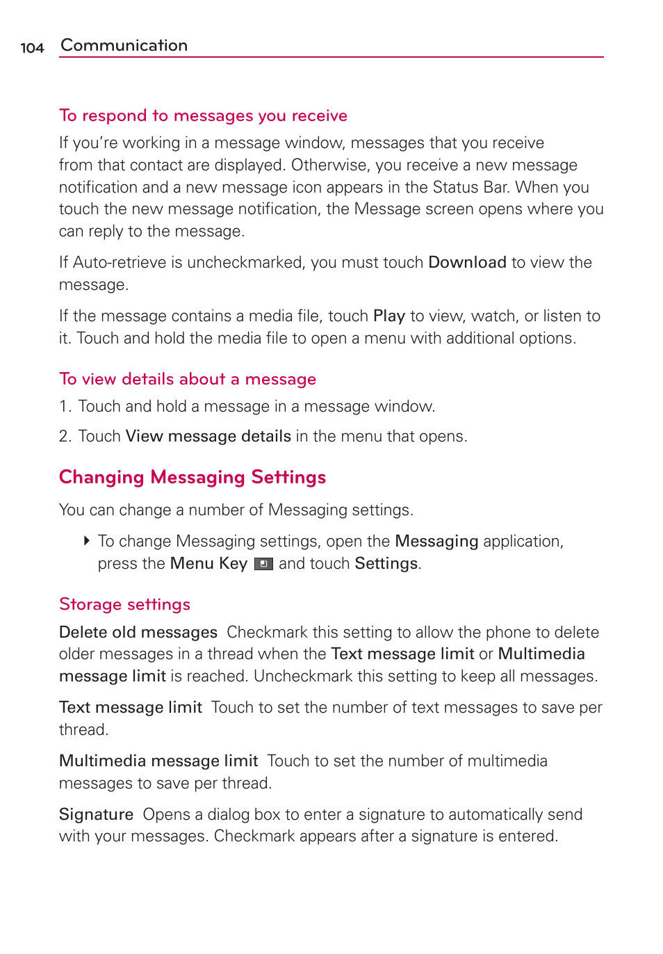 Changing messaging settings | LG MFL67235901 User Manual | Page 106 / 448