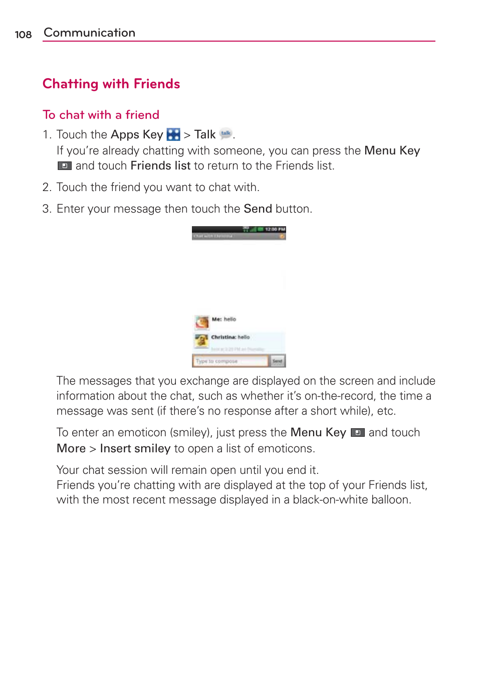 Chatting with friends | LG MFL67235901 User Manual | Page 110 / 448
