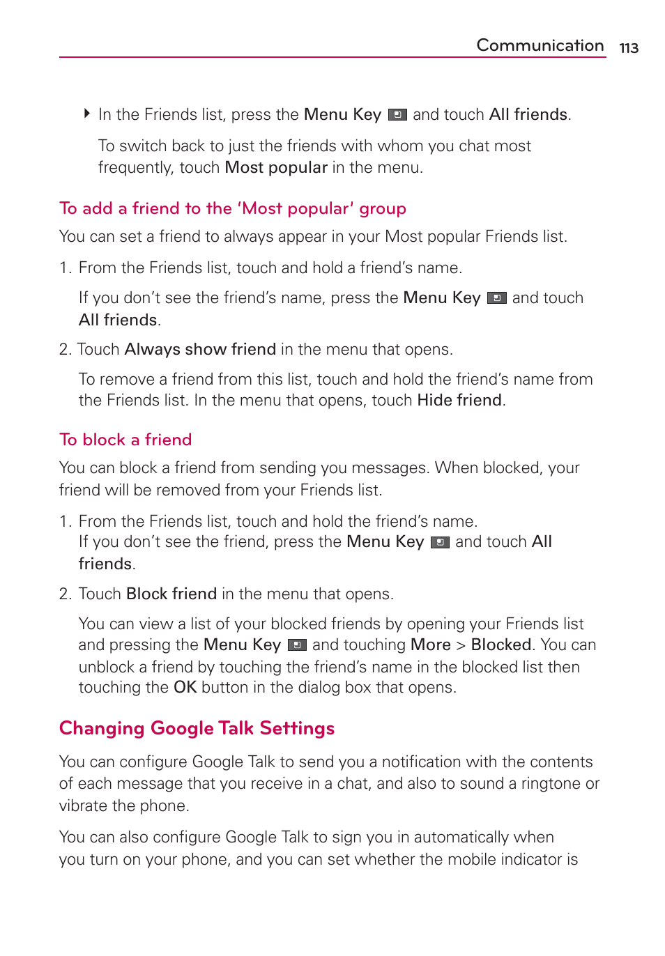 Changing google talk settings | LG MFL67235901 User Manual | Page 115 / 448