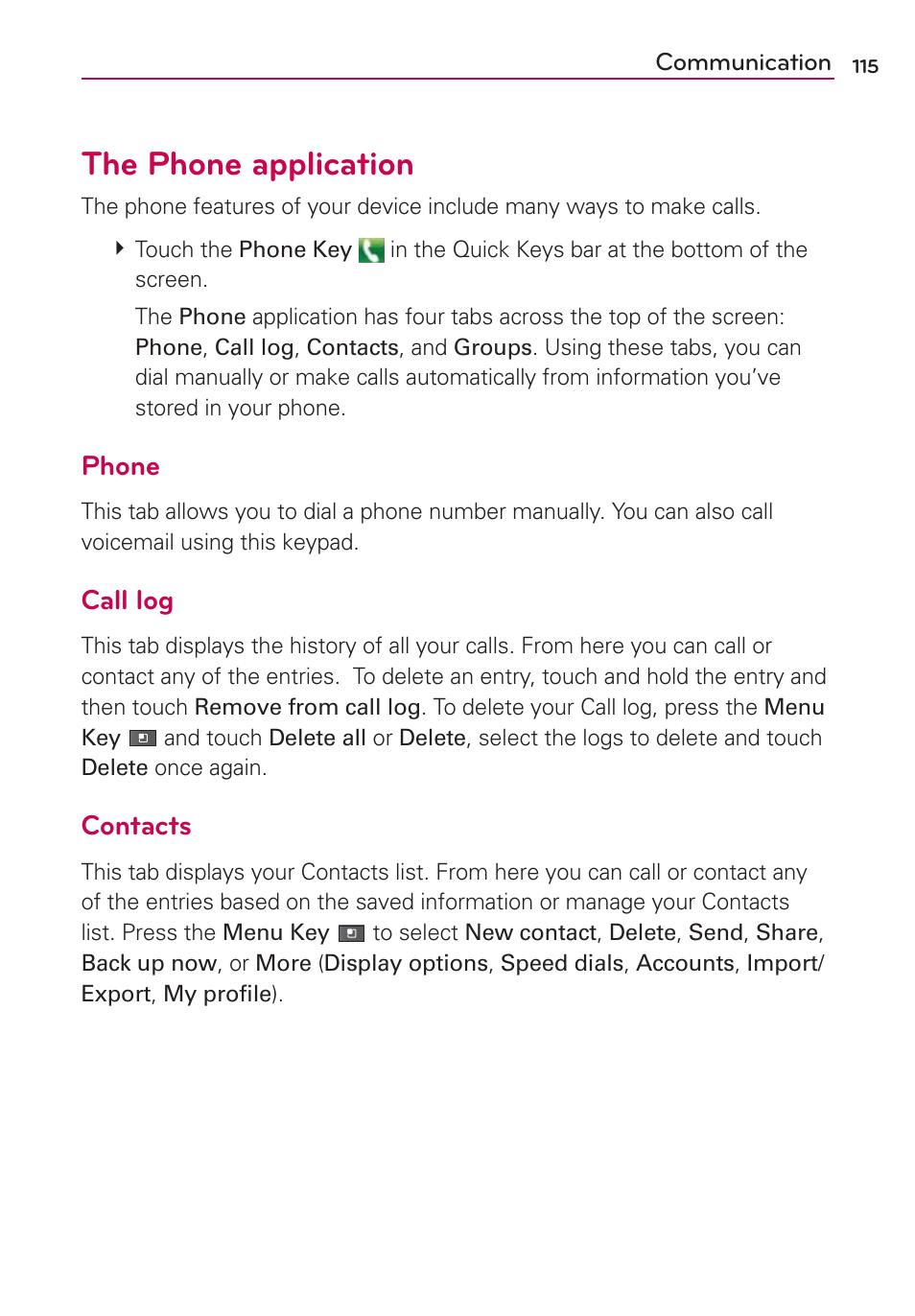 The phone application, Phone, Call log | Contacts | LG MFL67235901 User Manual | Page 117 / 448