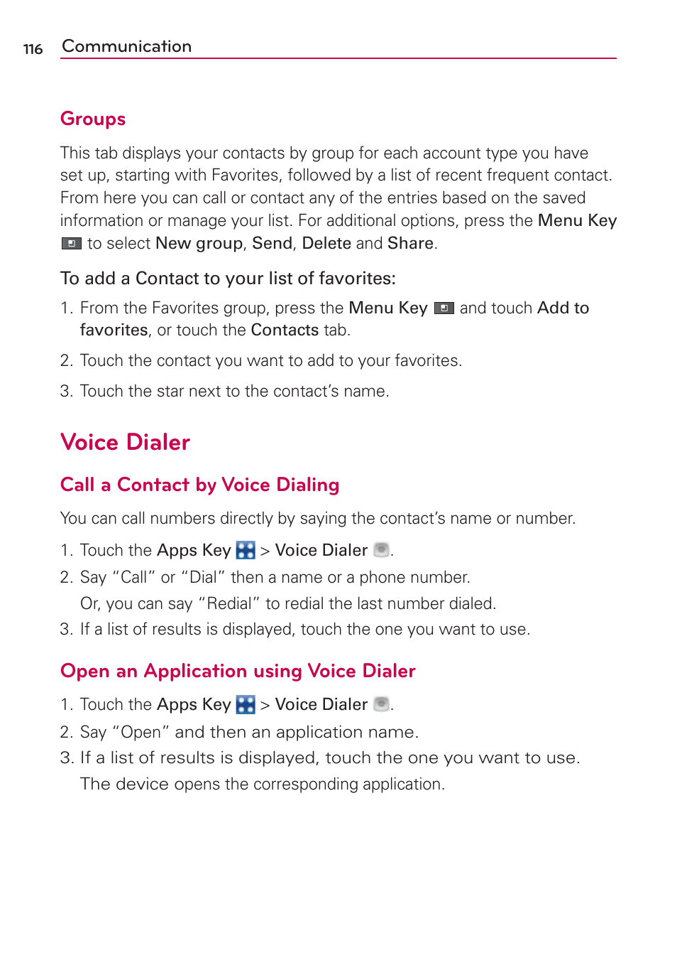 Voice dialer, Groups, Call a contact by voice dialing | Open an application using voice dialer | LG MFL67235901 User Manual | Page 118 / 448