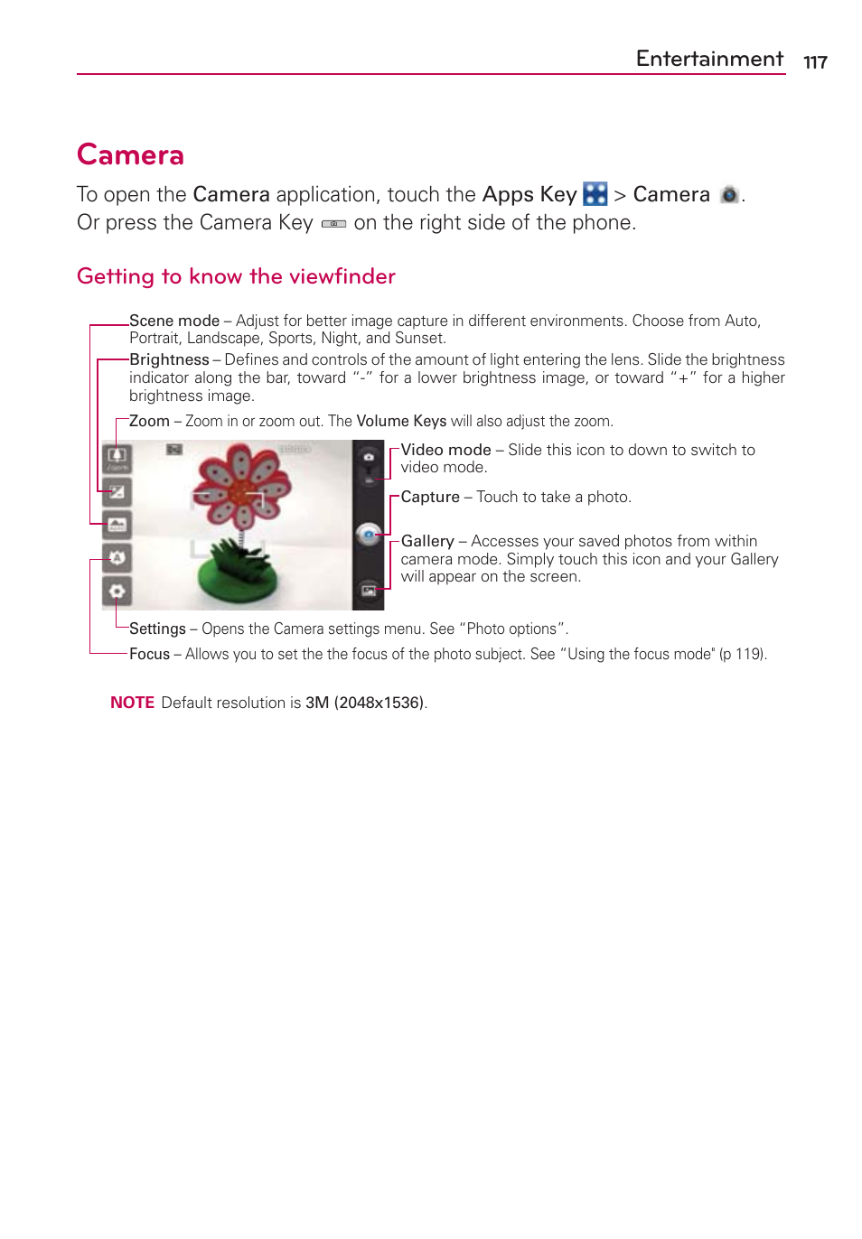 Entertainment, Camera, Getting to know the viewfinder | LG MFL67235901 User Manual | Page 119 / 448