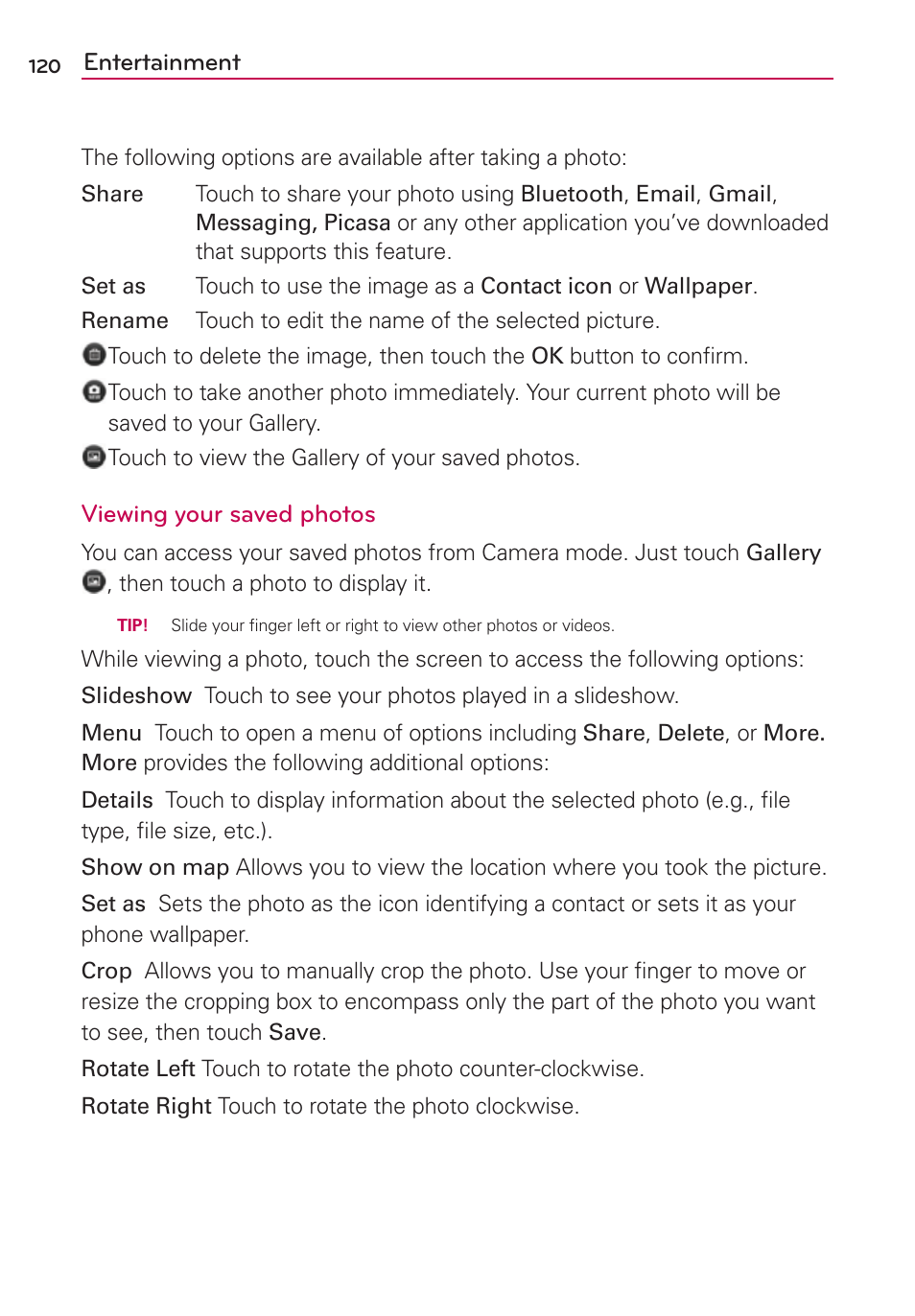 Entertainment, Viewing your saved photos | LG MFL67235901 User Manual | Page 122 / 448