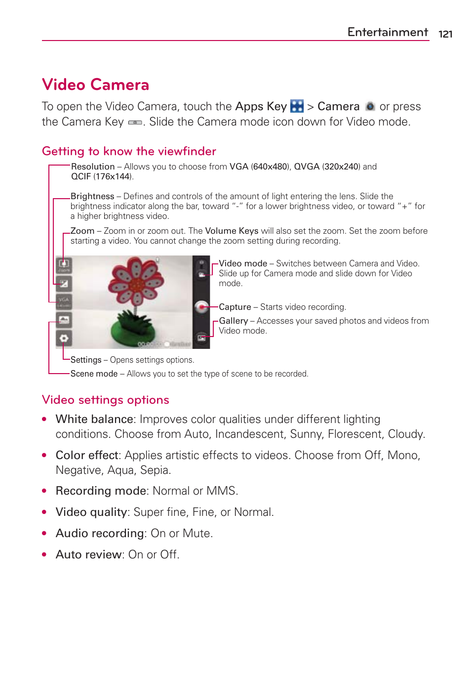 Video camera, Entertainment, Getting to know the viewfinder | Video settings options | LG MFL67235901 User Manual | Page 123 / 448