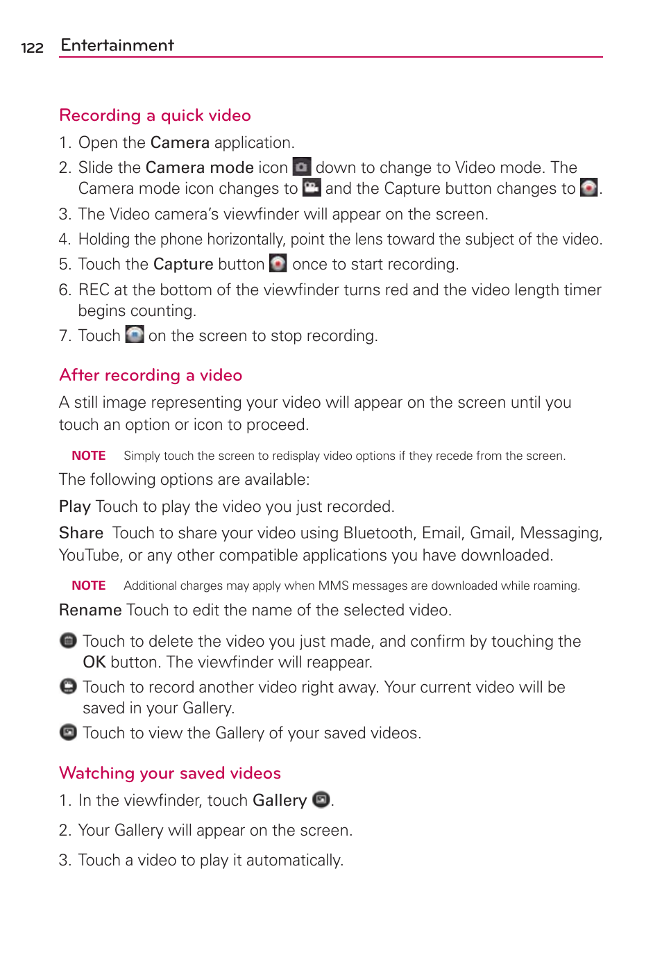 Entertainment recording a quick video, After recording a video, Watching your saved videos | LG MFL67235901 User Manual | Page 124 / 448
