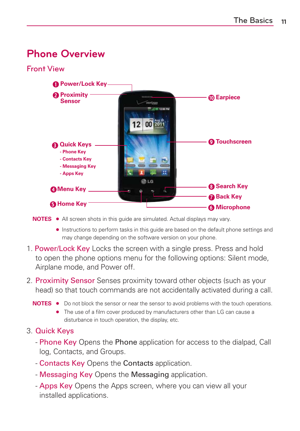 The basics, Phone overview, Front view | LG MFL67235901 User Manual | Page 13 / 448