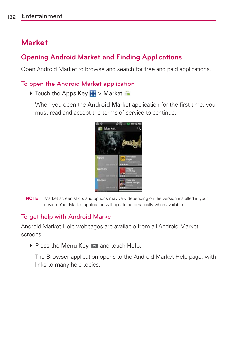 Market, Opening android market and finding applications | LG MFL67235901 User Manual | Page 134 / 448