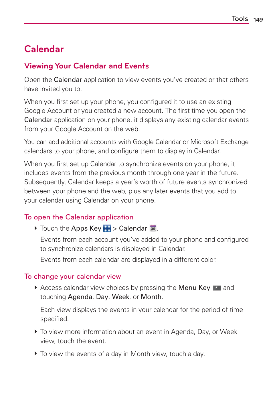 Tools, Calendar, Viewing your calendar and events | LG MFL67235901 User Manual | Page 151 / 448