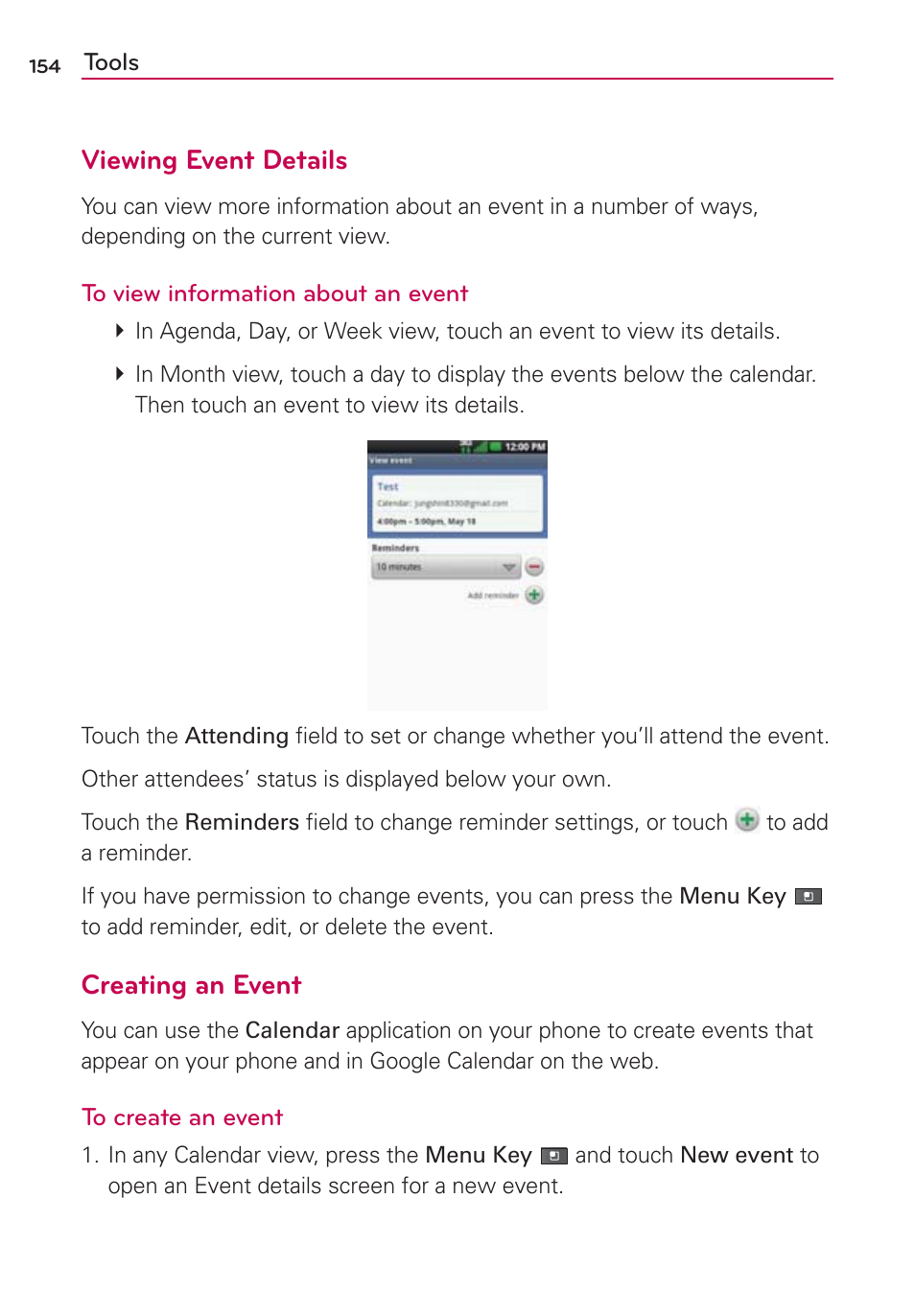 Viewing event details, Creating an event | LG MFL67235901 User Manual | Page 156 / 448