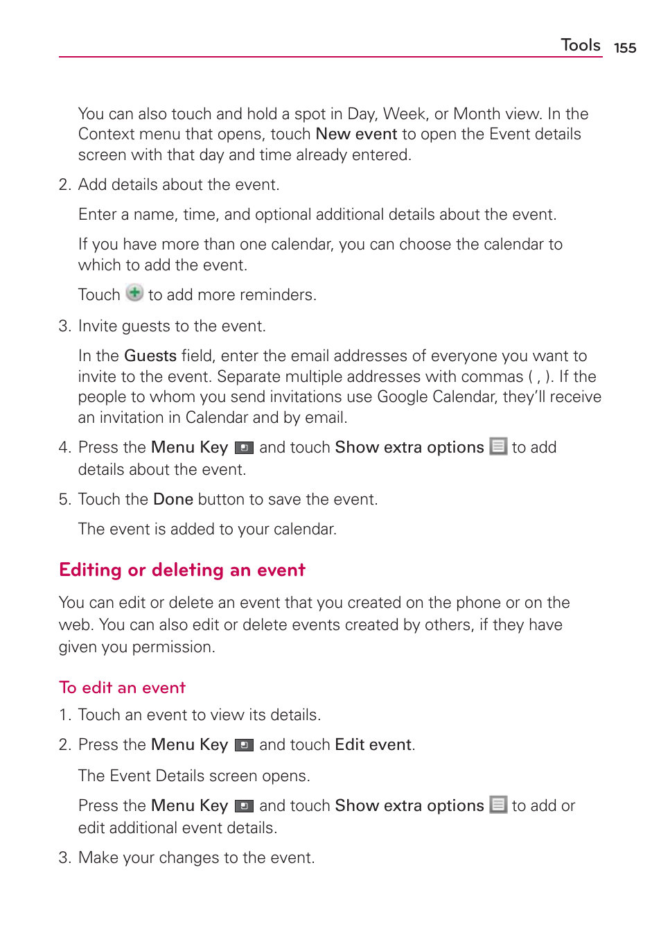 Editing or deleting an event | LG MFL67235901 User Manual | Page 157 / 448