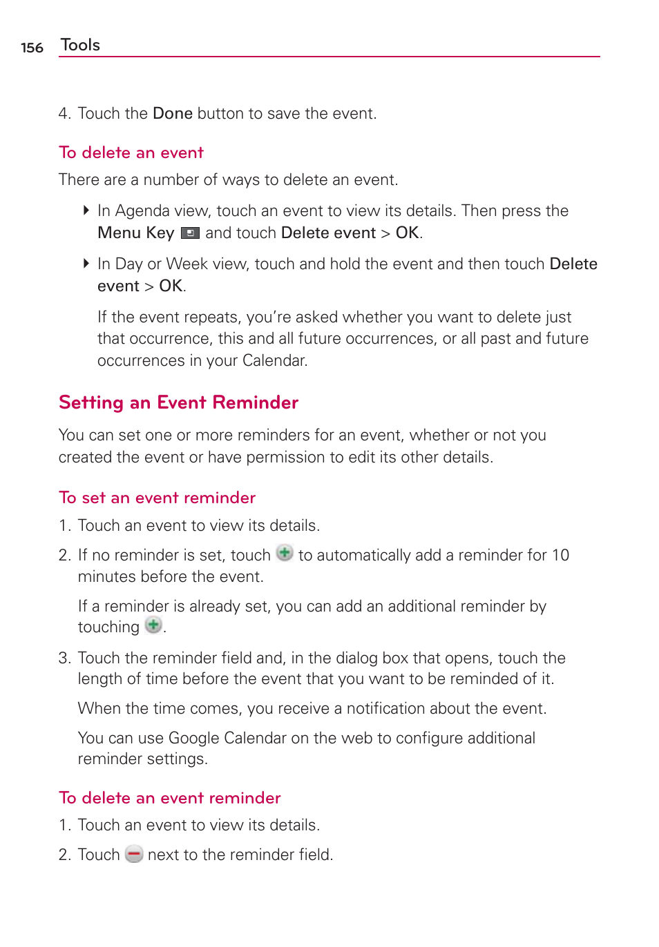 Setting an event reminder | LG MFL67235901 User Manual | Page 158 / 448