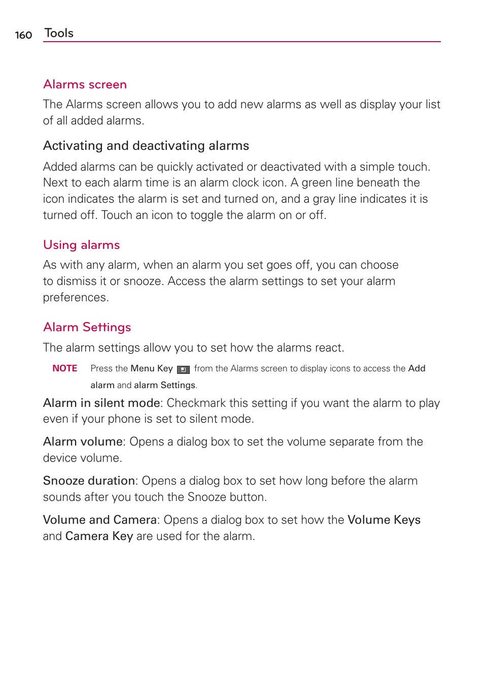 Tools alarms screen, Using alarms, Alarm settings | LG MFL67235901 User Manual | Page 162 / 448