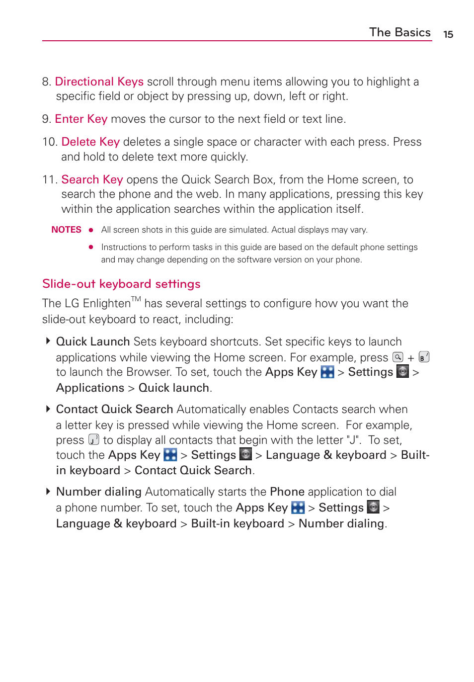 The basics, Slide-out keyboard settings | LG MFL67235901 User Manual | Page 17 / 448