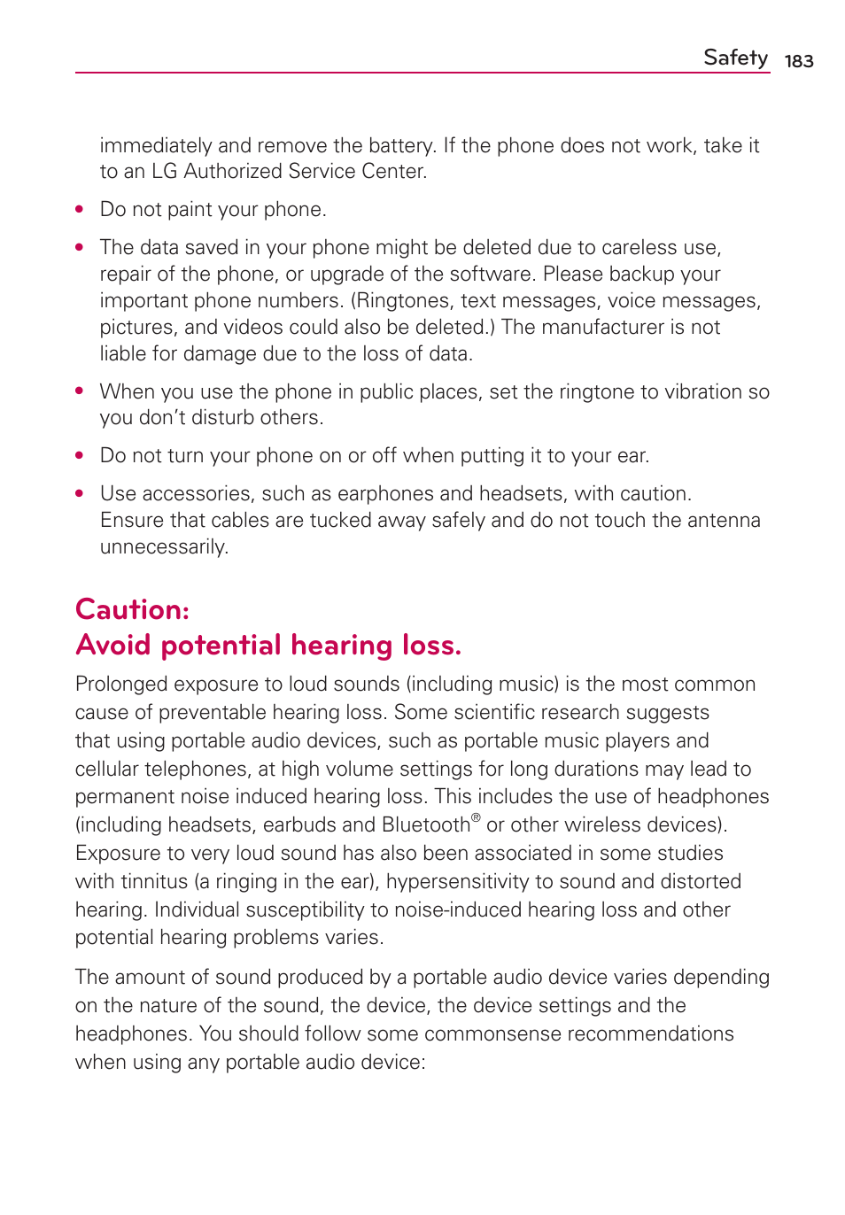 Caution:avoid potential hearing loss, Caution: avoid potential hearing loss | LG MFL67235901 User Manual | Page 185 / 448