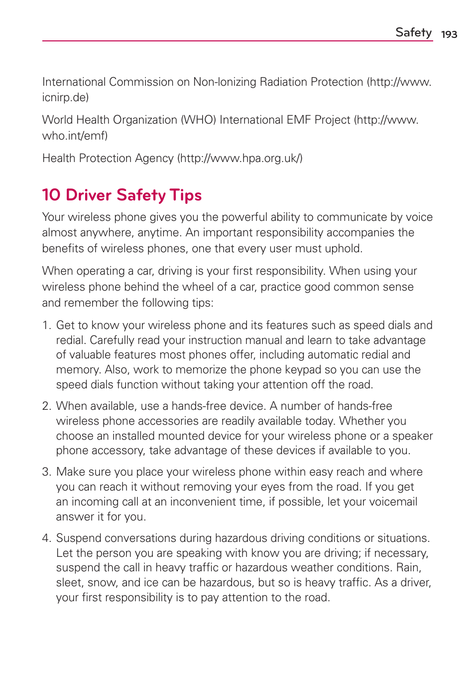 10 driver safety tips | LG MFL67235901 User Manual | Page 195 / 448