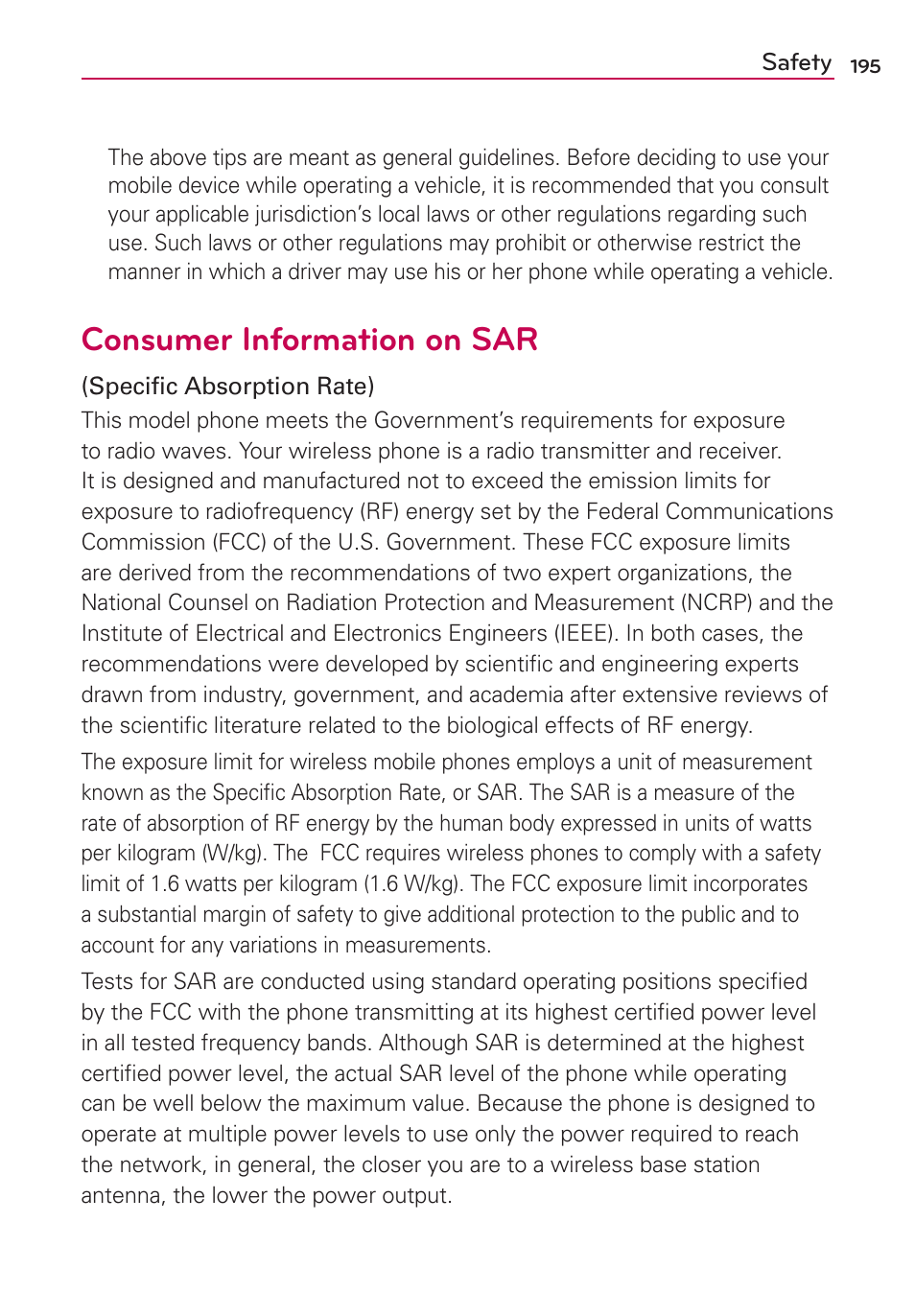 Consumer information on sar | LG MFL67235901 User Manual | Page 197 / 448