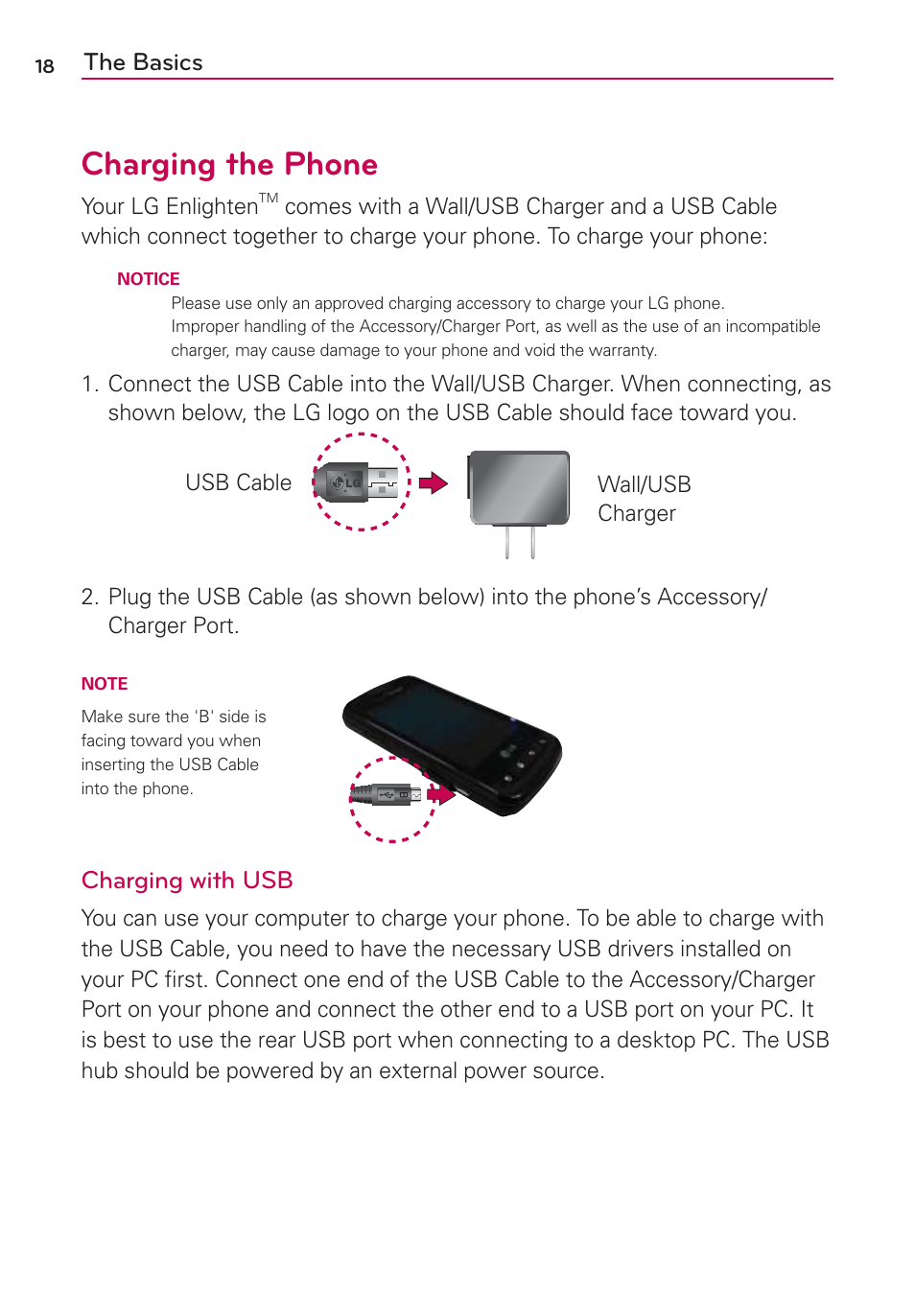 Charging the phone, The basics, Charging with usb | LG MFL67235901 User Manual | Page 20 / 448