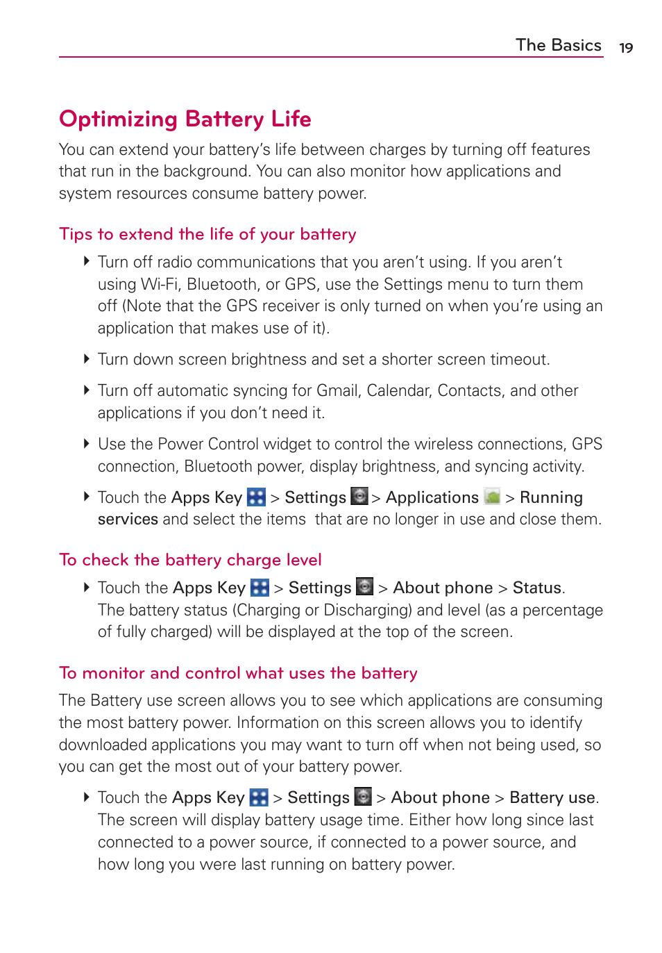 Optimizing battery life | LG MFL67235901 User Manual | Page 21 / 448