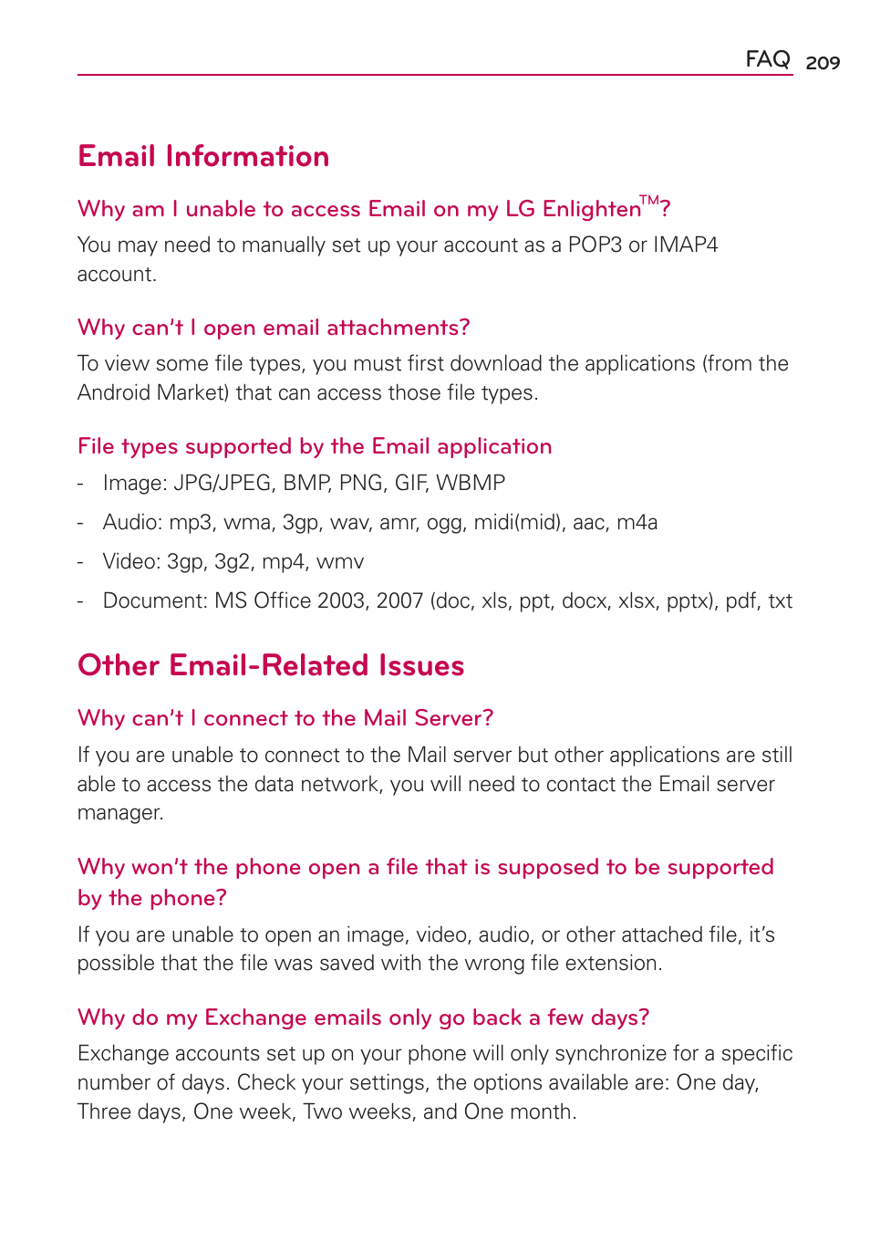 Email information, Other email-related issues | LG MFL67235901 User Manual | Page 211 / 448
