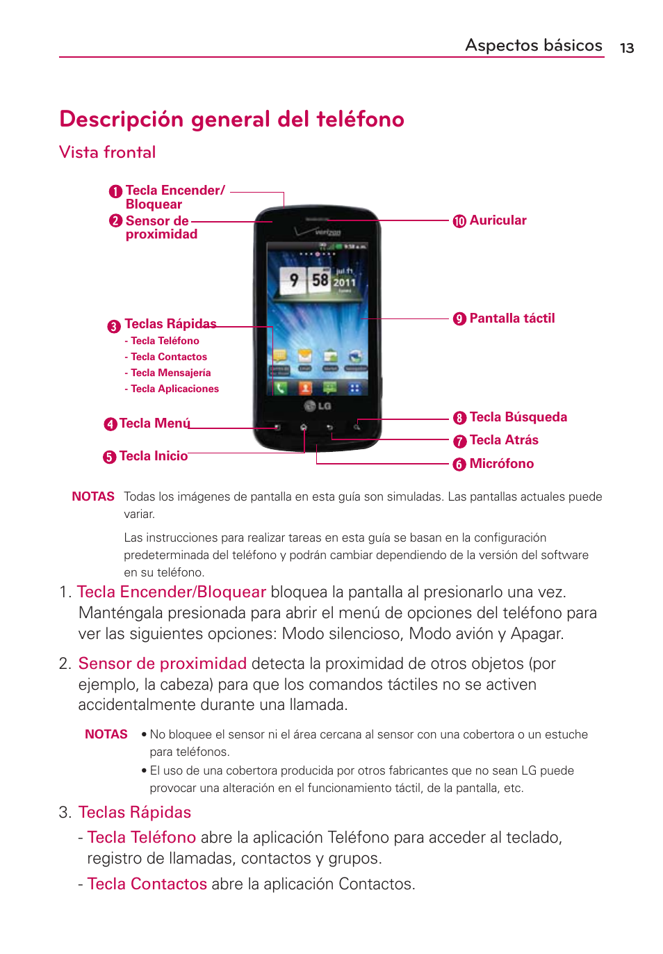 Aspectos básicos, Descripción general del teléfono, Vista frontal | LG MFL67235901 User Manual | Page 230 / 448