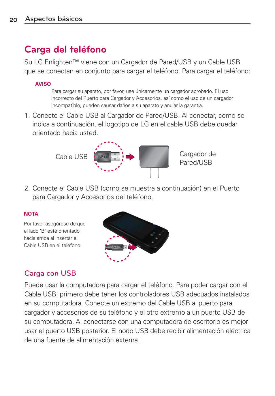 Carga del teléfono, Aspectos básicos, Carga con usb | LG MFL67235901 User Manual | Page 237 / 448