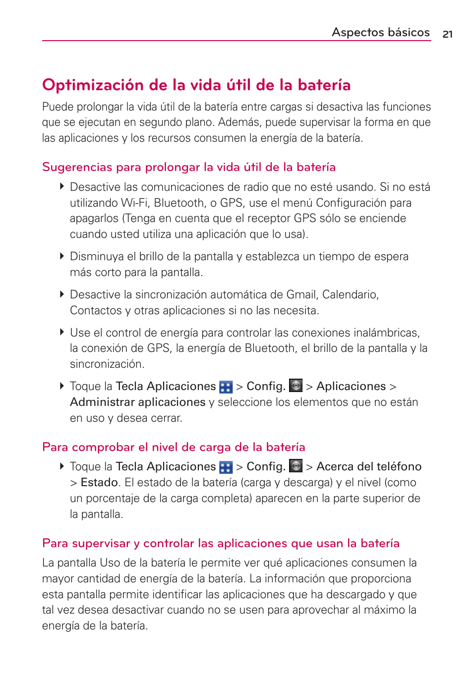 Optimización de la vida útil de la batería | LG MFL67235901 User Manual | Page 238 / 448