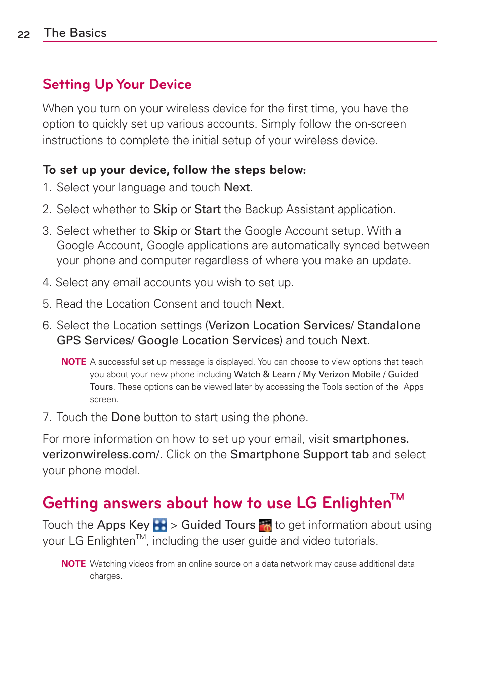 Setting up your device, Getting answers about how to use lg enlightentm, Getting answers about how to use lg enlighten | The basics | LG MFL67235901 User Manual | Page 24 / 448