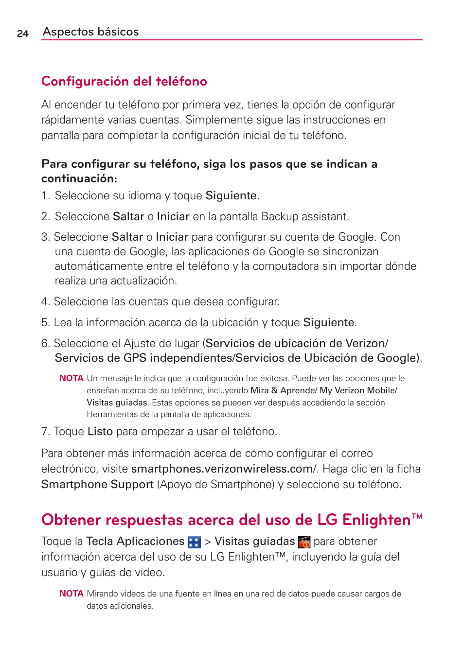 Obtener respuestas acerca del uso de lg enlighten, Configuración del teléfono, Aspectos básicos | LG MFL67235901 User Manual | Page 241 / 448