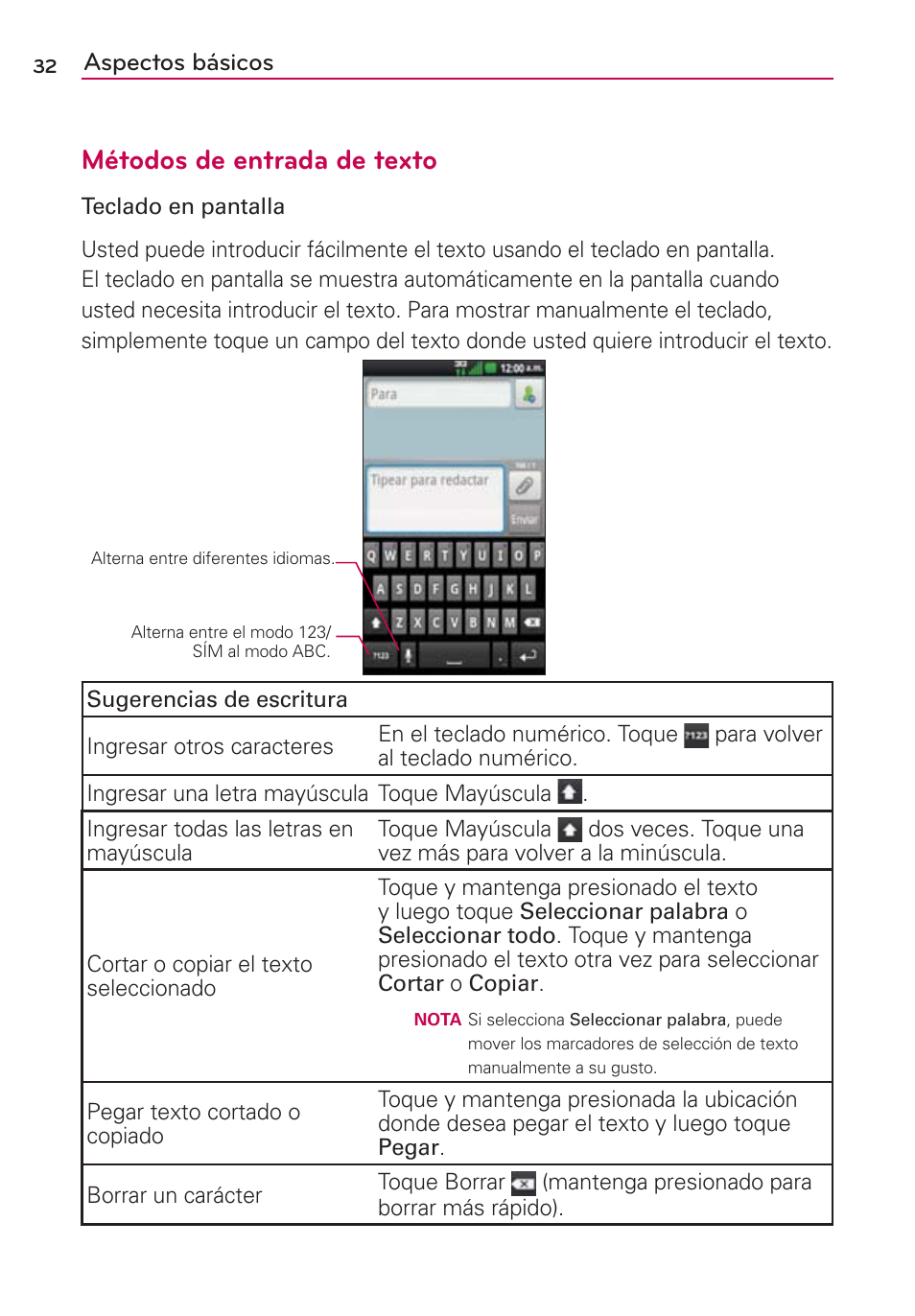 Métodos de entrada de texto, Aspectos básicos | LG MFL67235901 User Manual | Page 249 / 448