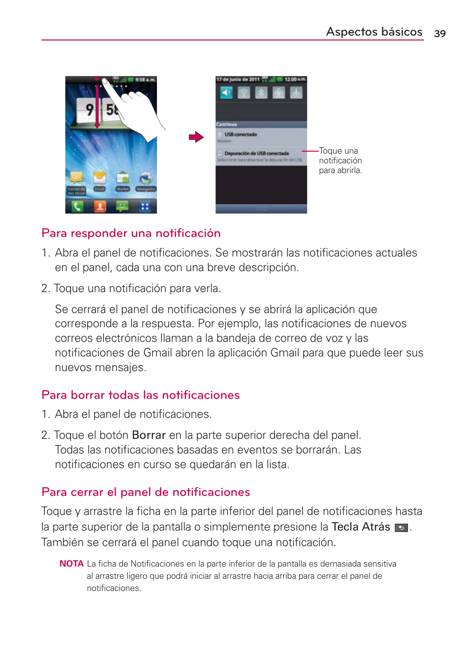 Aspectos básicos, Para responder una notificación, Para borrar todas las notificaciones | Para cerrar el panel de notificaciones | LG MFL67235901 User Manual | Page 256 / 448