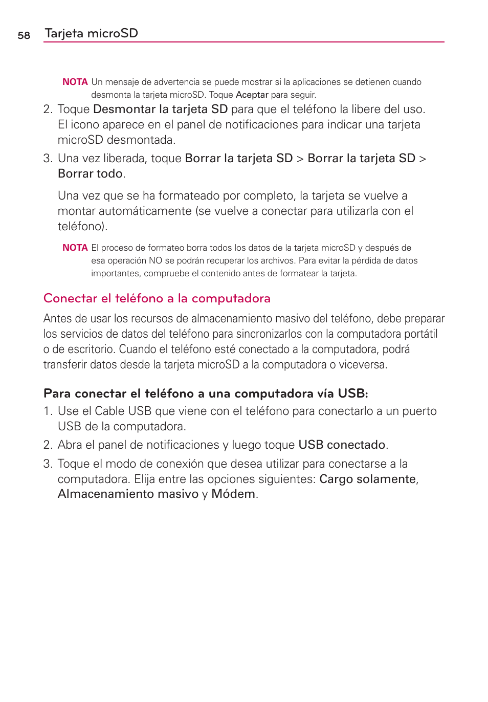 Tarjeta microsd, Conectar el teléfono a la computadora | LG MFL67235901 User Manual | Page 275 / 448