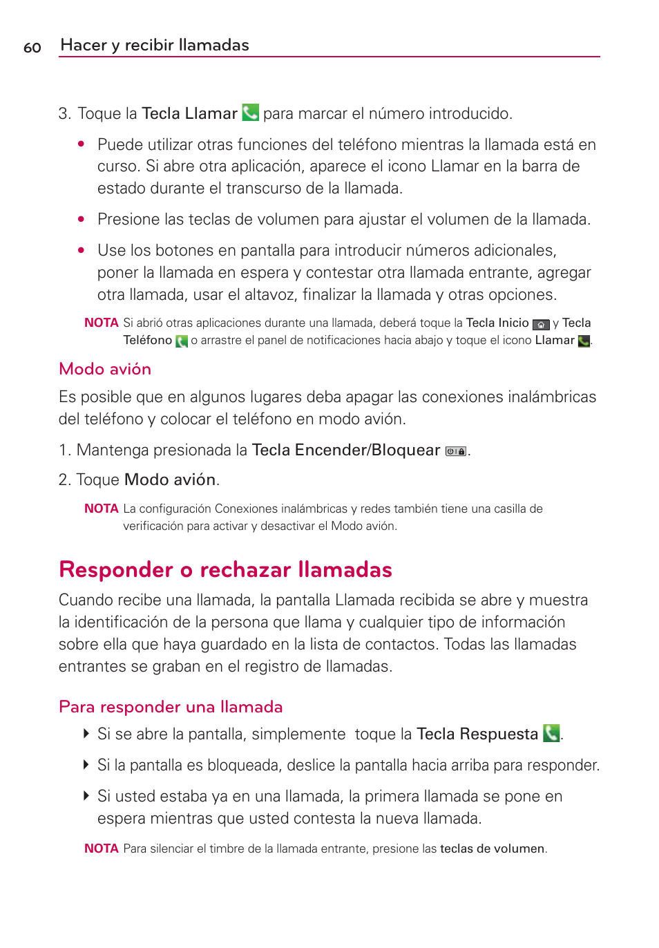 Responder o rechazar llamadas, Hacer y recibir llamadas, Modo avión | Para responder una llamada | LG MFL67235901 User Manual | Page 277 / 448