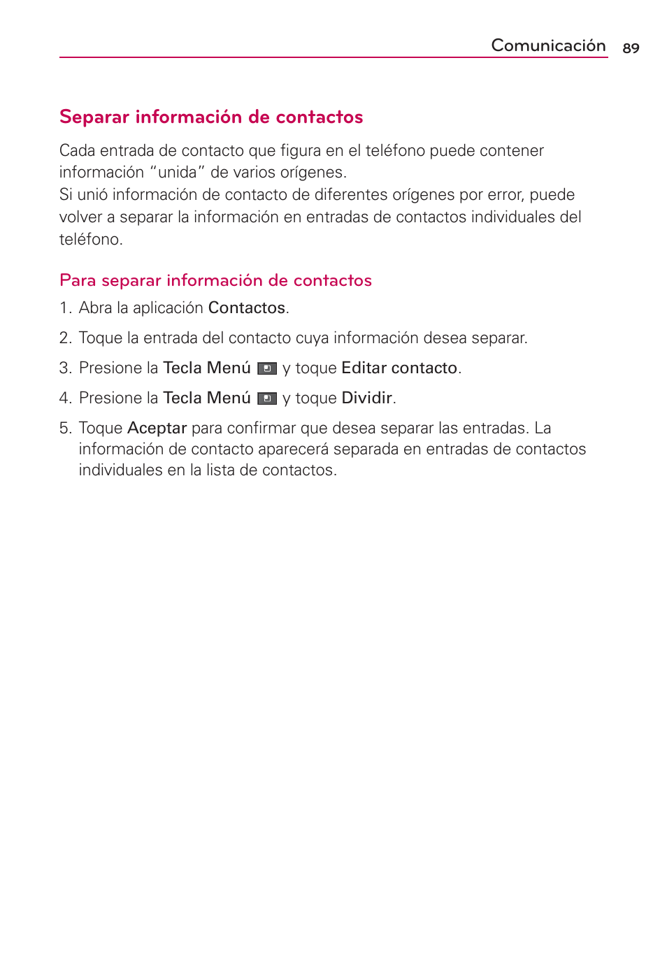 Separar información de contactos | LG MFL67235901 User Manual | Page 306 / 448