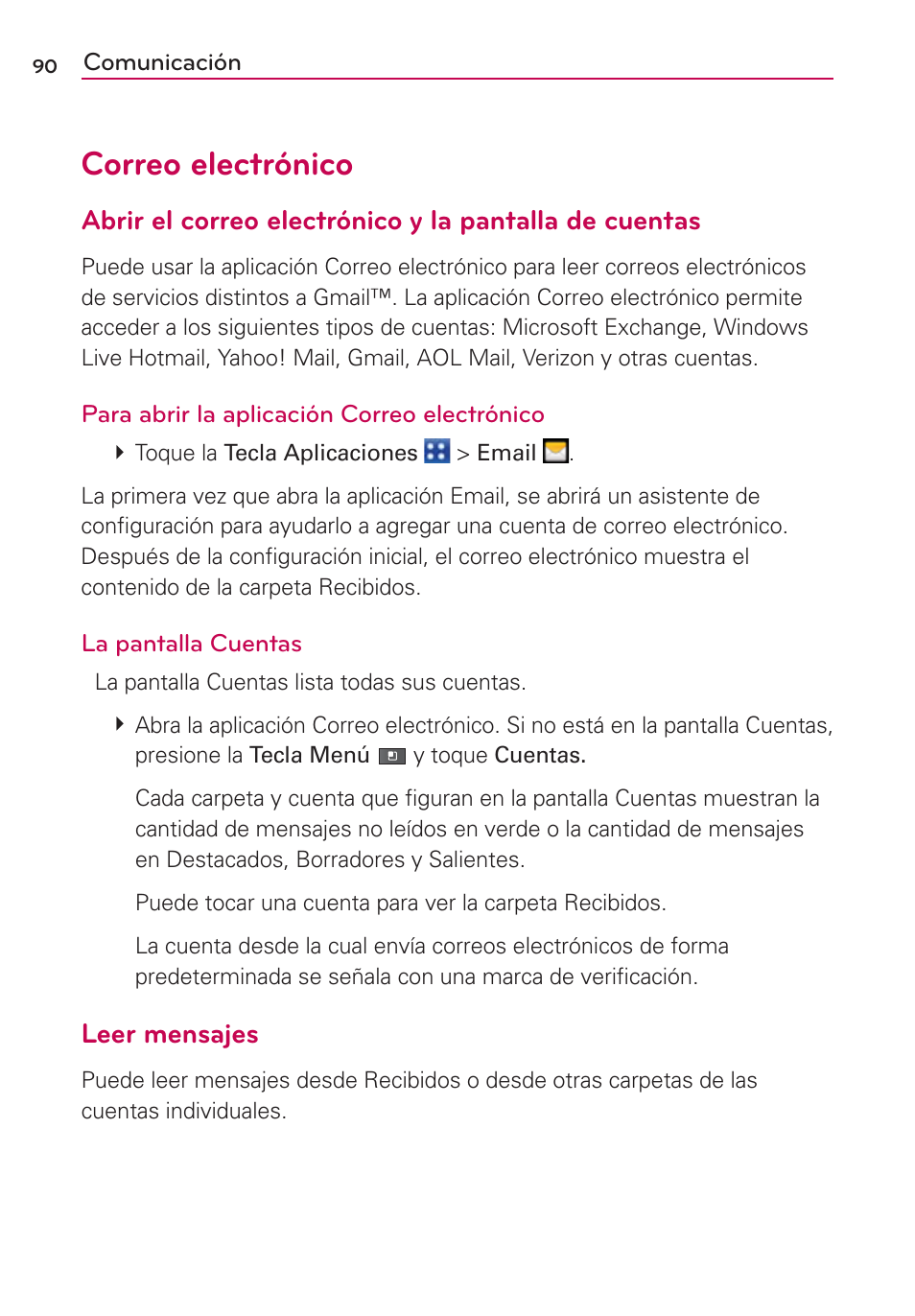 Correo electrónico, Leer mensajes | LG MFL67235901 User Manual | Page 307 / 448