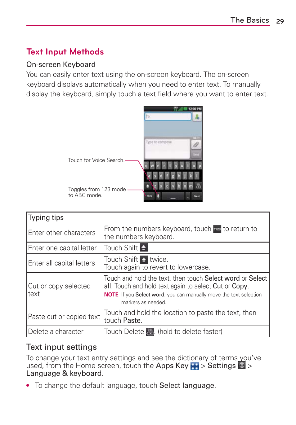 Text input methods, The basics, Text input settings | LG MFL67235901 User Manual | Page 31 / 448