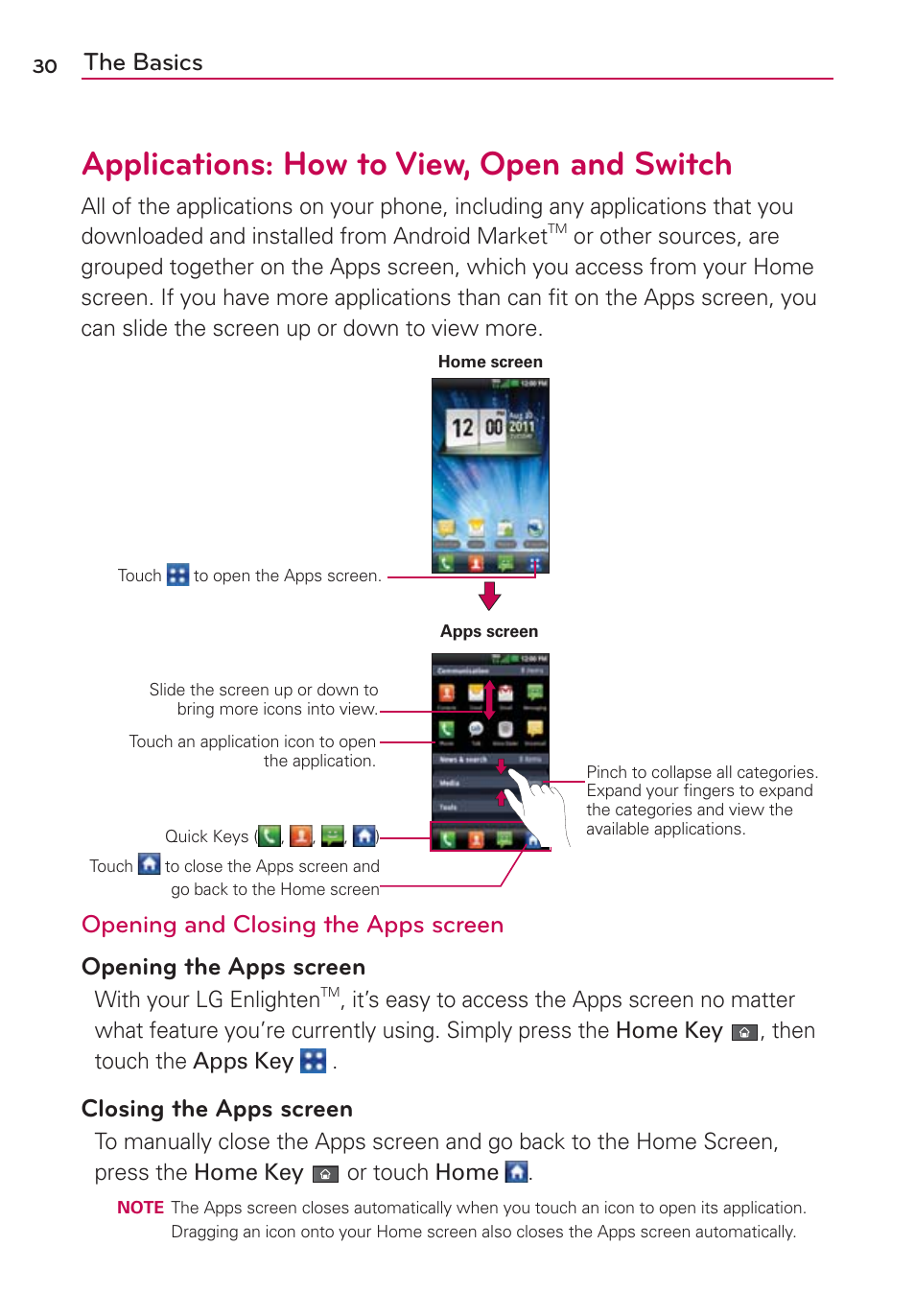 Applications: how to view, open and switch, The basics, Closing the apps screen | LG MFL67235901 User Manual | Page 32 / 448