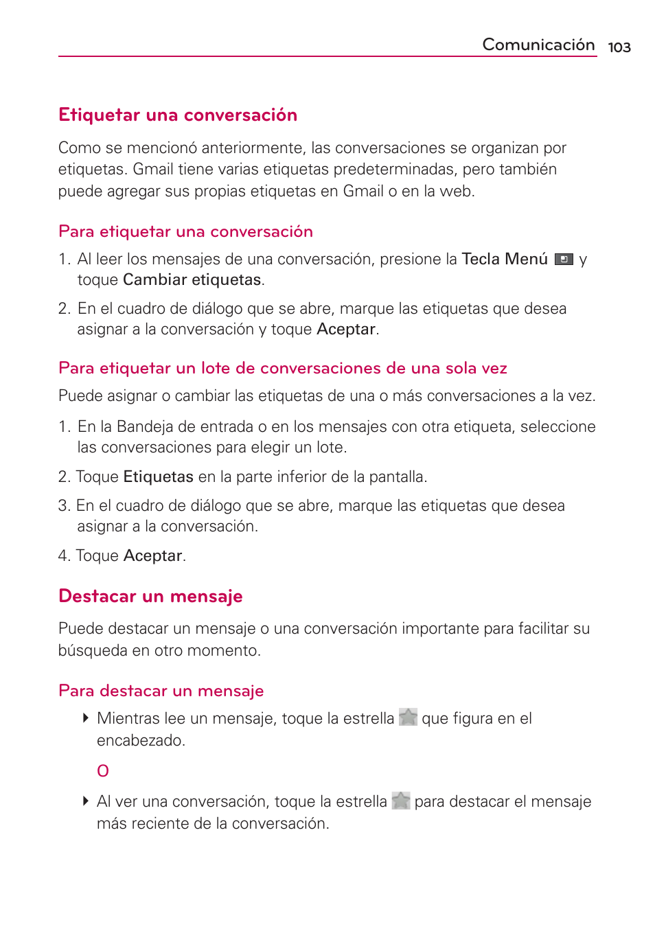 Etiquetar una conversación, Destacar un mensaje | LG MFL67235901 User Manual | Page 320 / 448