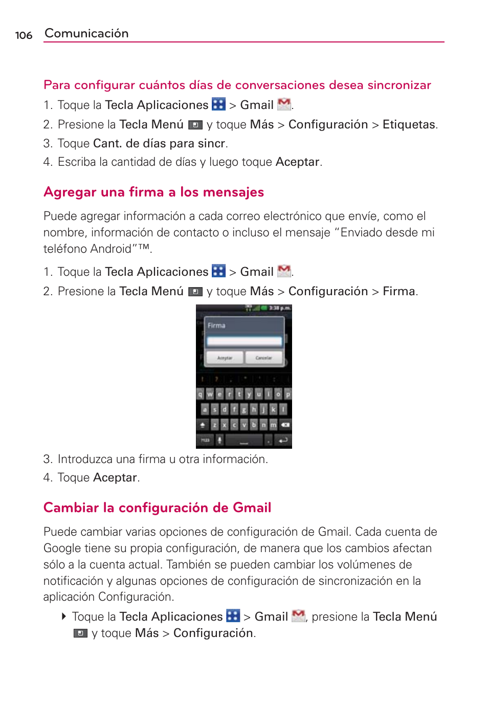 Agregar una firma a los mensajes, Cambiar la configuración de gmail | LG MFL67235901 User Manual | Page 323 / 448