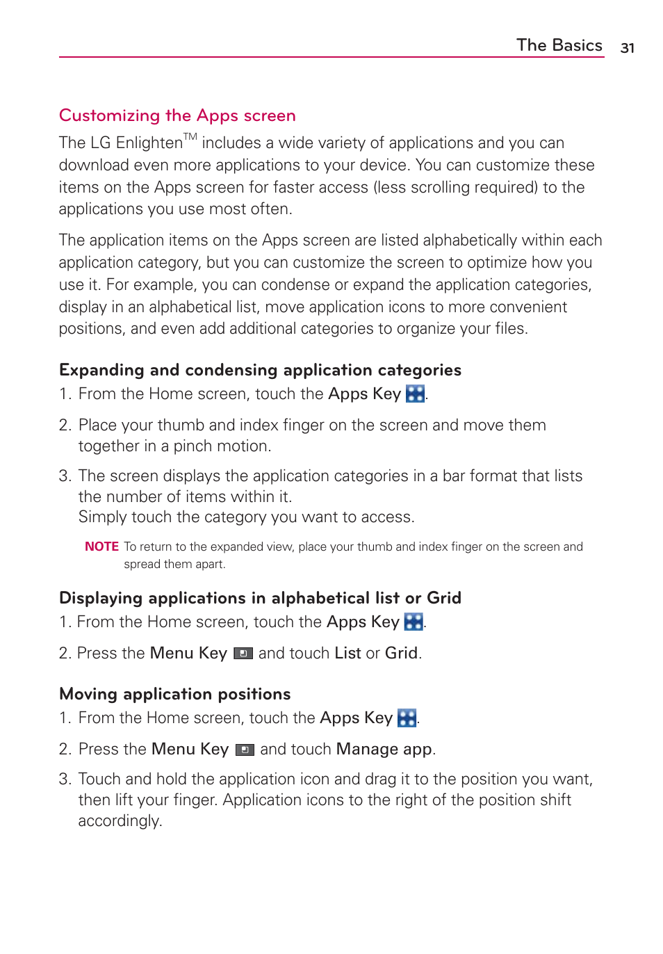 The basics customizing the apps screen, Expanding and condensing application categories, Moving application positions | LG MFL67235901 User Manual | Page 33 / 448