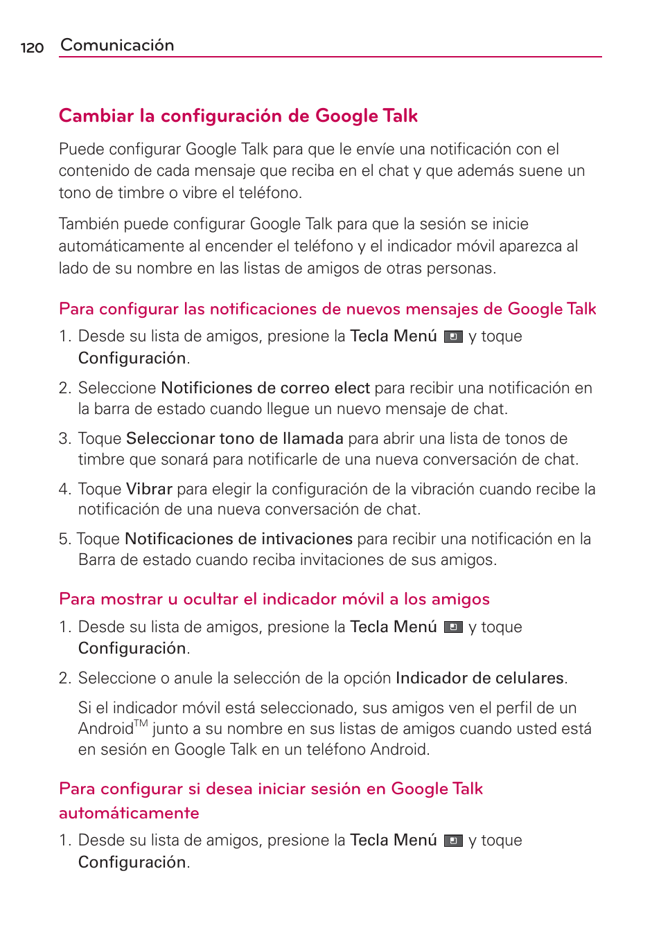 Cambiar la configuración de google talk | LG MFL67235901 User Manual | Page 337 / 448