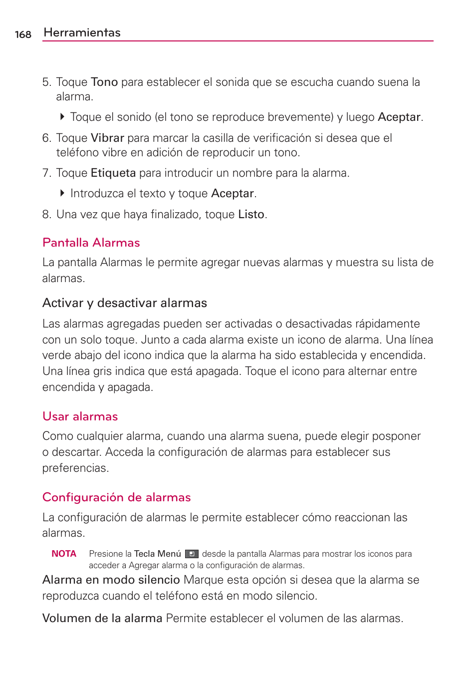 Herramientas, Pantalla alarmas, Usar alarmas | Configuración de alarmas | LG MFL67235901 User Manual | Page 385 / 448